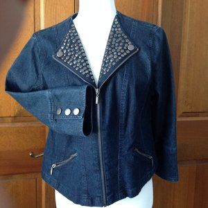 Ruby Red Jean Jacket with Studded Collar, Zip Front & button cuffs, size 14P